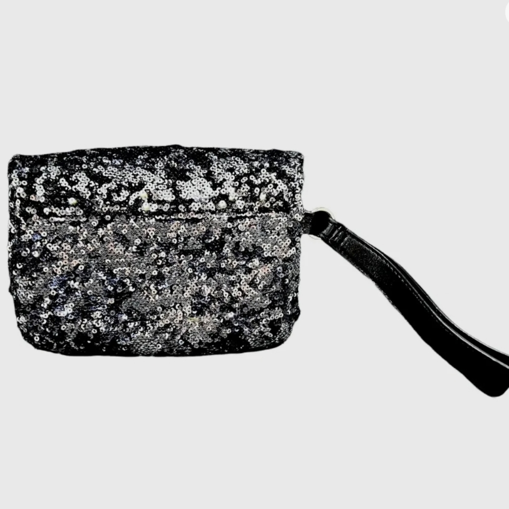 Jennifer Lopez Black/Silver Sequin Women's Fold Over Clutch JLO Y2K Wristlet - Picture 3 of 10